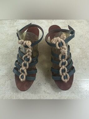 Henry Cuir Braided Chain Strappy Heels - Green and Natural